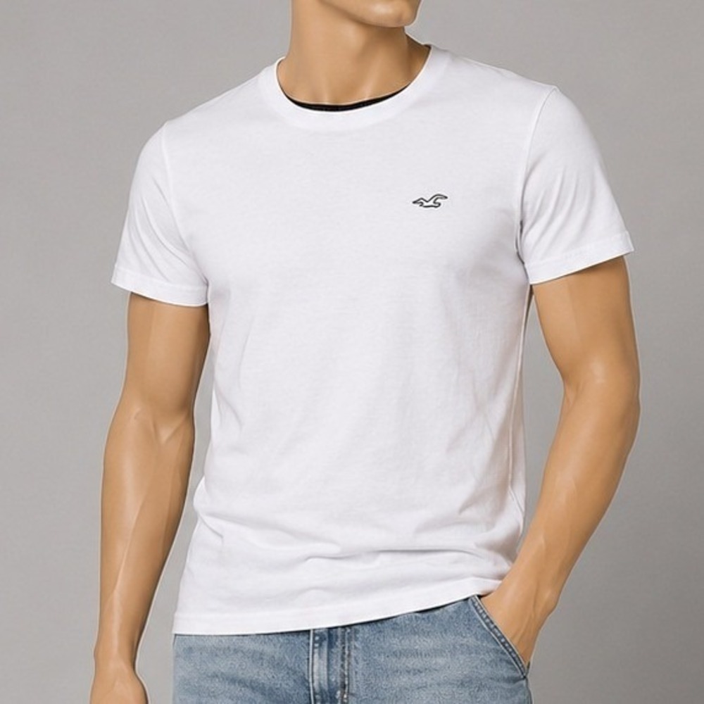 Hollister Mens T-Shirt White Embroidered Logo Must-Have Collection Medium